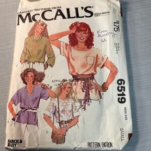 Vintage Sewing Pattern McCalls 6519 Pull Over T-Shirt Size Small
